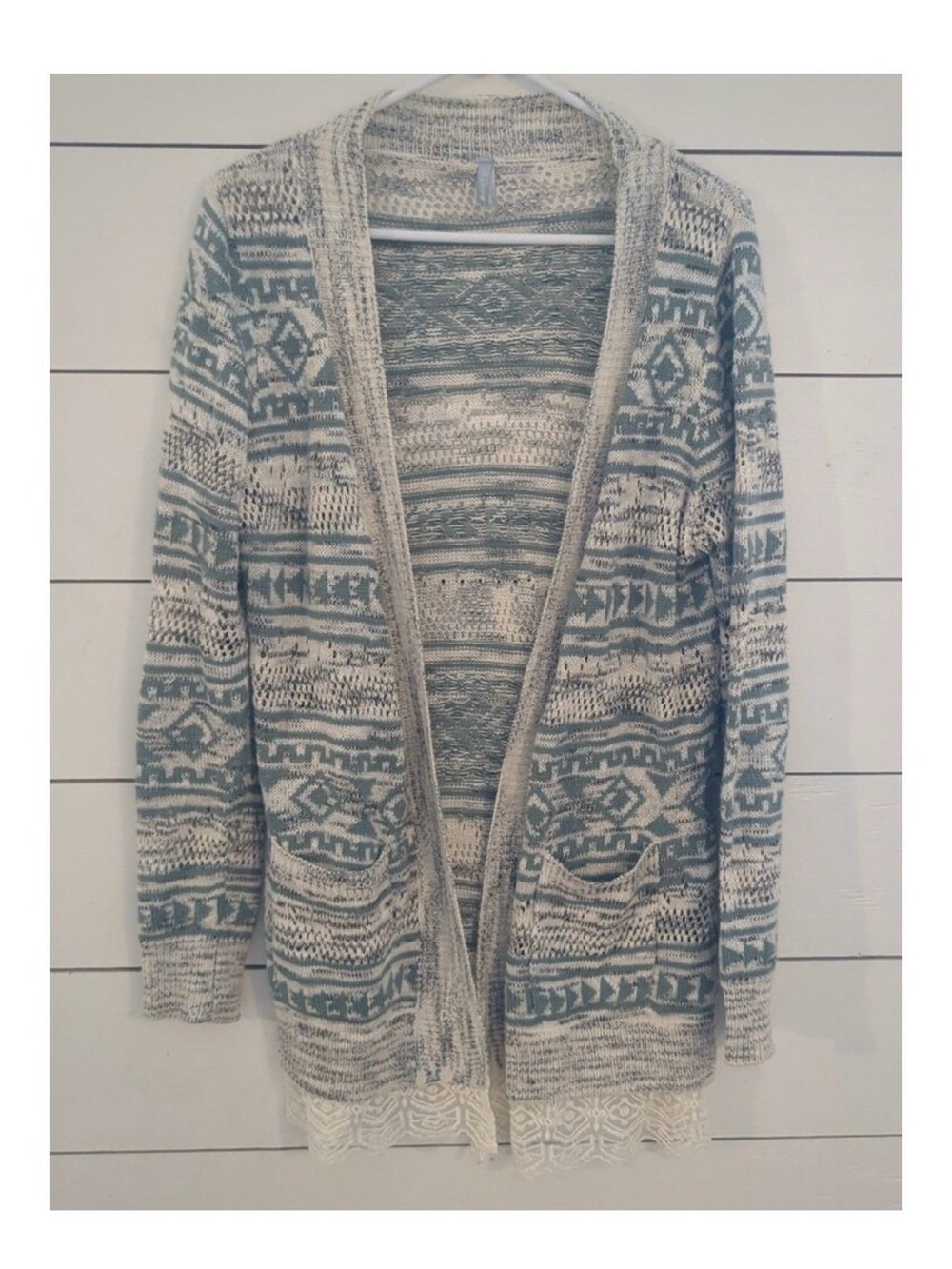 Vanity Blue and Cream Patterned Open-Front Cardigan